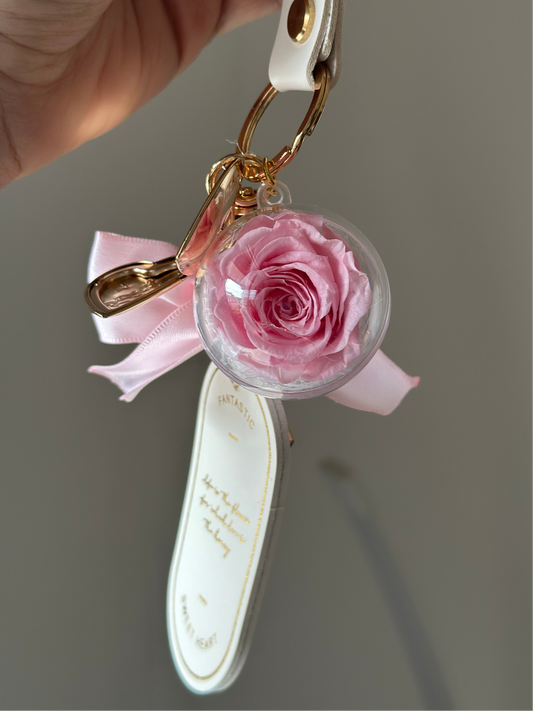 Keychain white with mini pink eternal rose , MIROSE ETERNAL ROSE