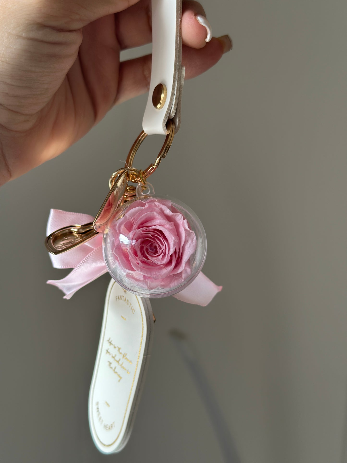 Keychain white with mini pink eternal rose , MIROSE ETERNAL ROSE